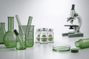 Green vials on a lab table with microscope tb-500